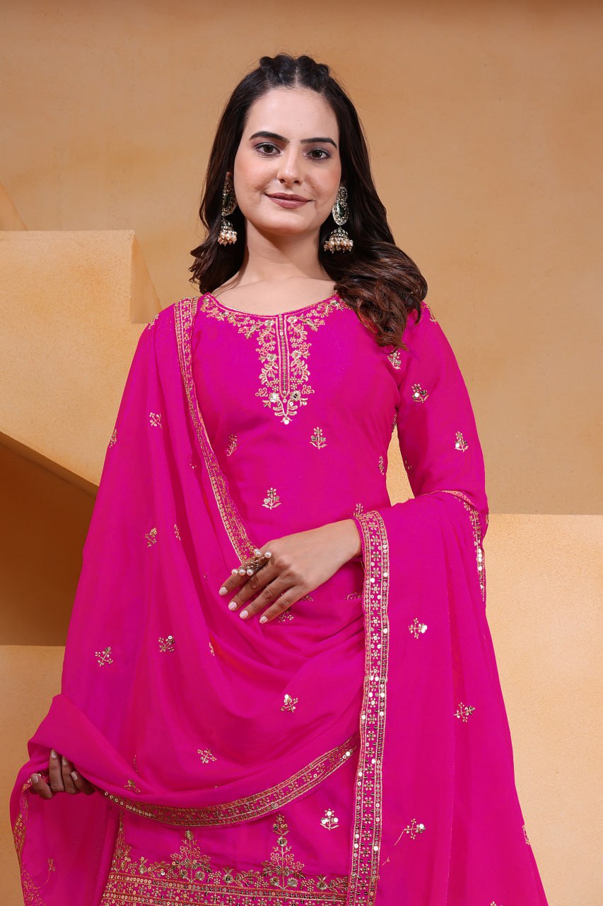 Prazu Fashion Pink Chinon Silk Sequin Embroidered Sharara Suit