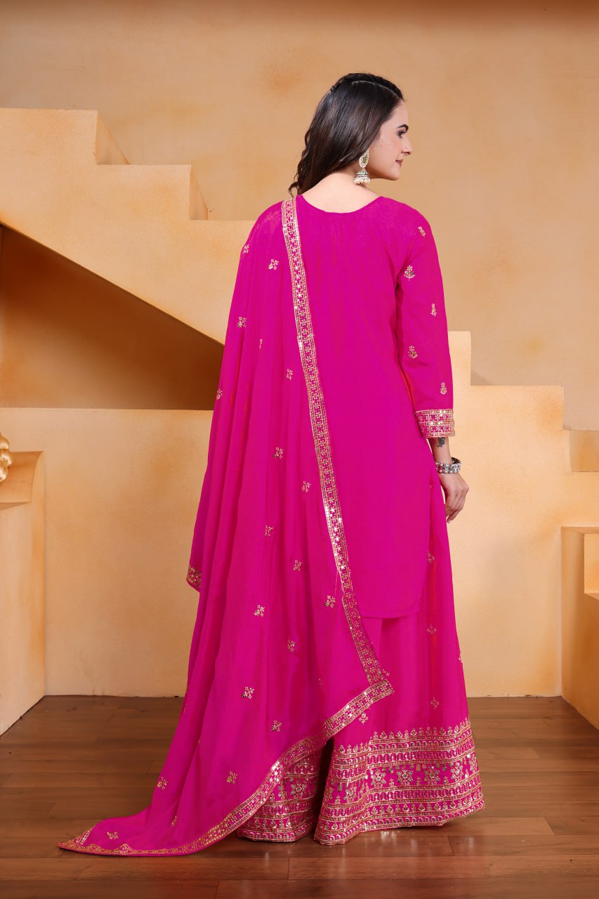 Prazu Fashion Pink Chinon Silk Sequin Embroidered Sharara Suit