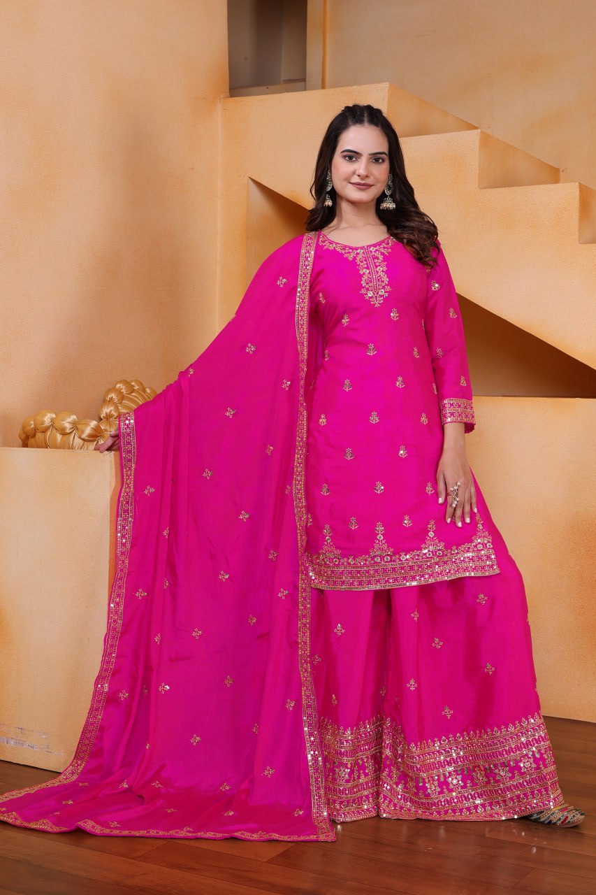 Prazu Fashion Pink Chinon Silk Sequin Embroidered Sharara Suit
