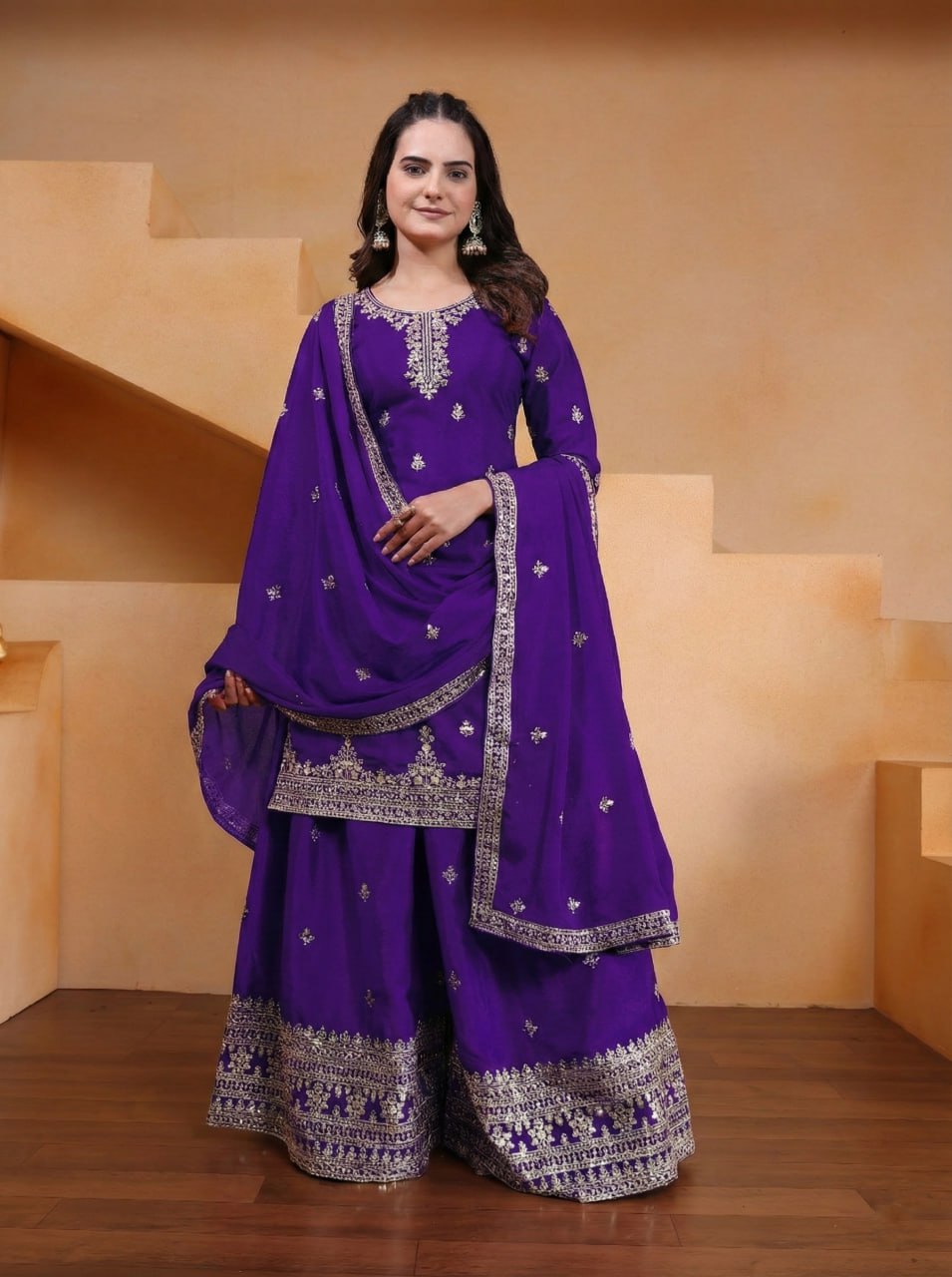 Prazu Fashion Royal Purple Chinon Silk Sequin Embroidered Sharara Suit