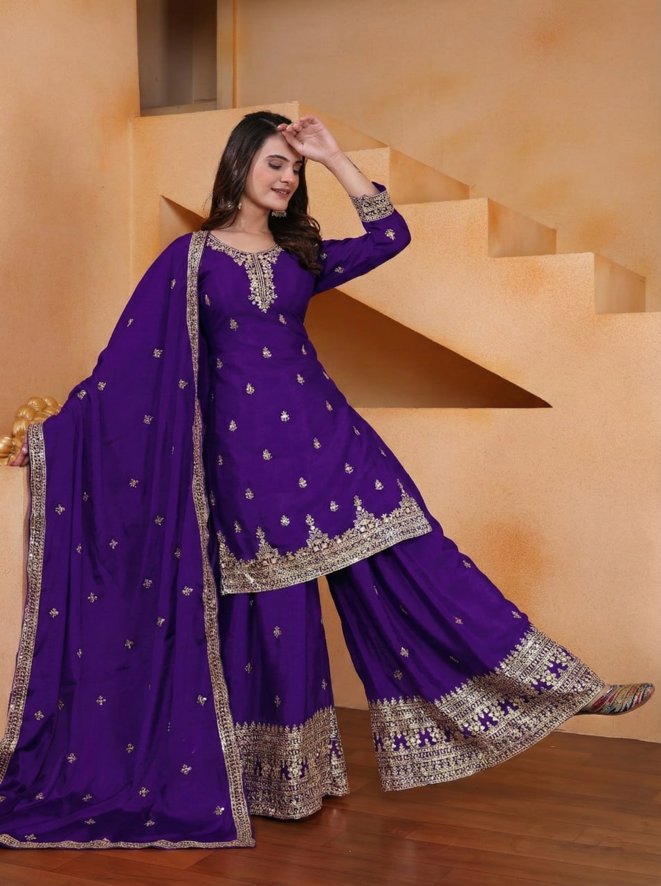 Prazu Fashion Royal Purple Chinon Silk Sequin Embroidered Sharara Suit