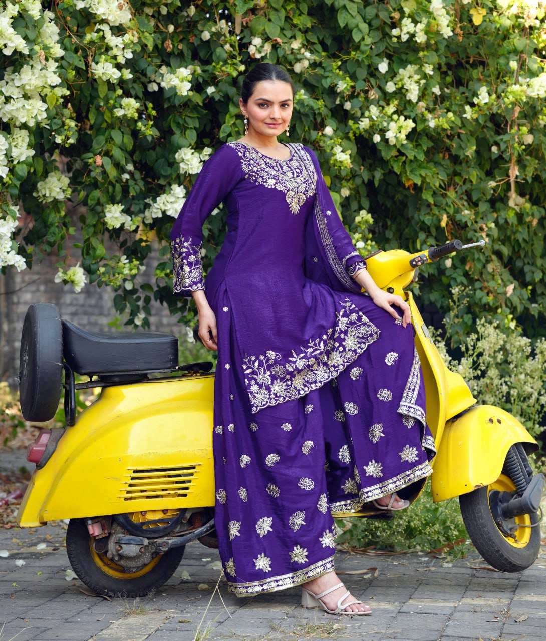 Prazu Fashion Royal Purple Chinon Silk Sequin Embroidered Sharara Suit