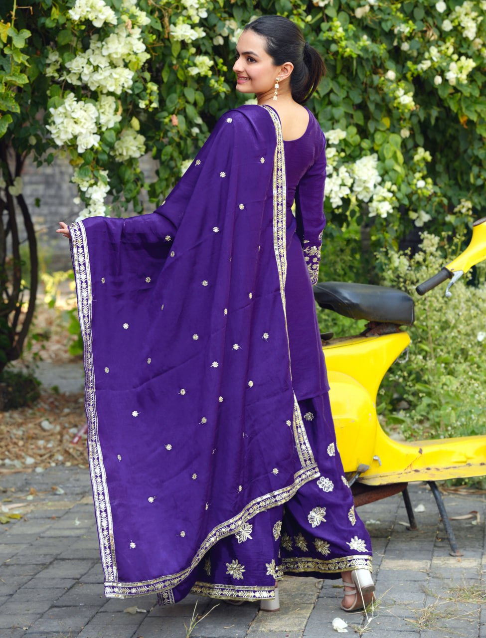 Prazu Fashion Royal Purple Chinon Silk Sequin Embroidered Sharara Suit