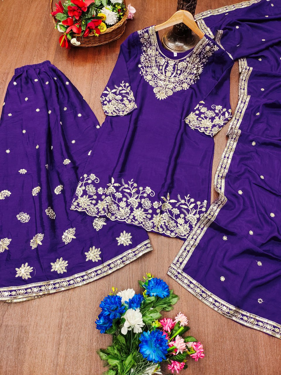 Prazu Fashion Royal Purple Chinon Silk Sequin Embroidered Sharara Suit
