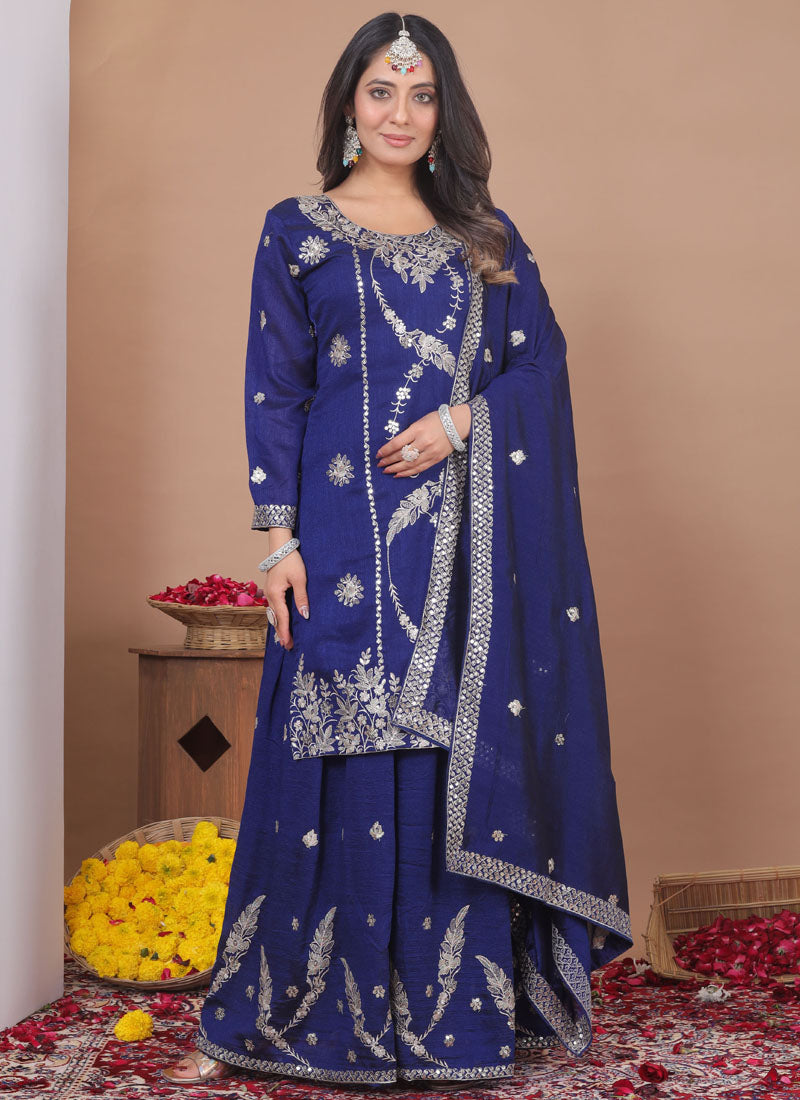 Blue Vichitra Silk Sequin Embroidered Sharara Suit Set