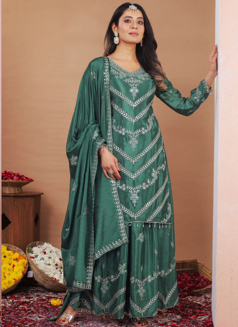 Sea Green Chinon Silk Sharara suit with sequin thread embroidery and V-neckline