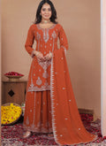 Rust Orange Georgette Sharara Suit with detailed thread and sequin embroidery