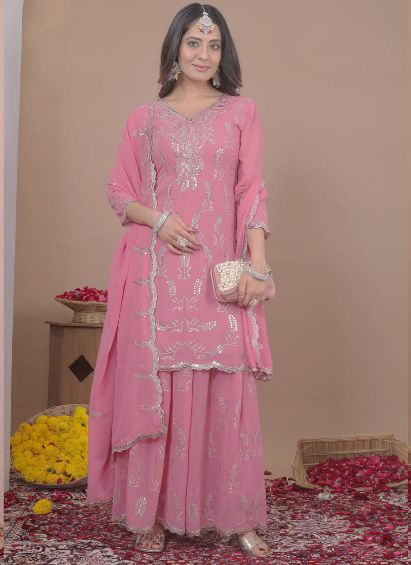 Light Pink Georgette Sequin Embroidered Sharara Suit Set