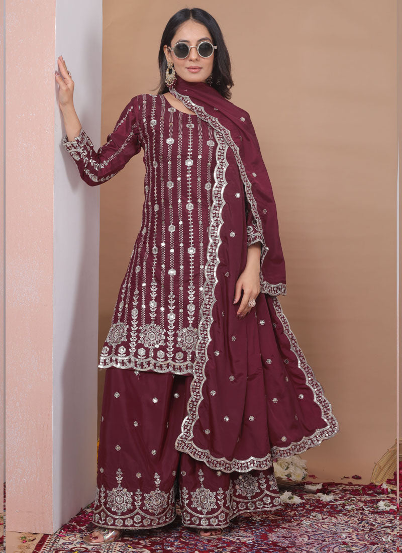 Brown Crepe Silk Sequin Embroidered Sharara Suit Set