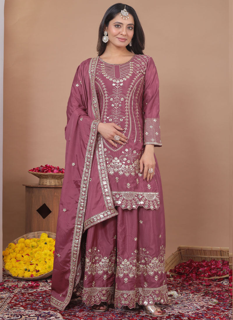 Onion Pink Crepe Silk Sequin Embroidered Sharara Suit Set