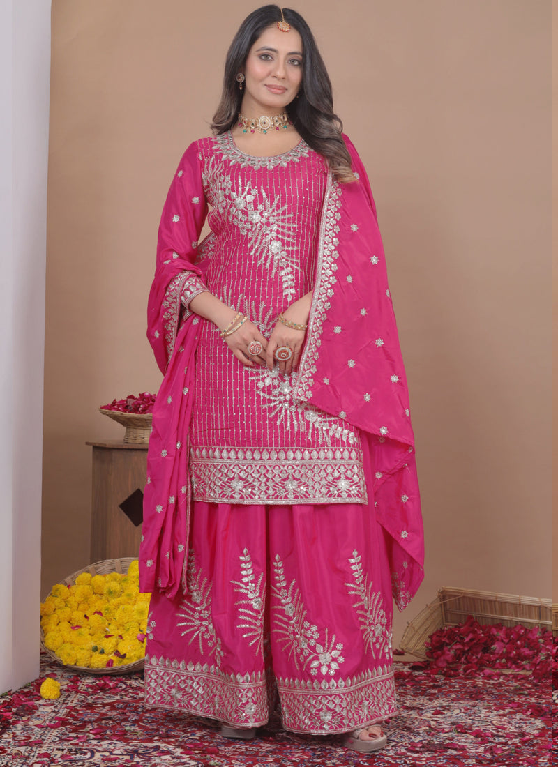 Pink Crepe Silk Sequin Embroidered Sharara Suit Set