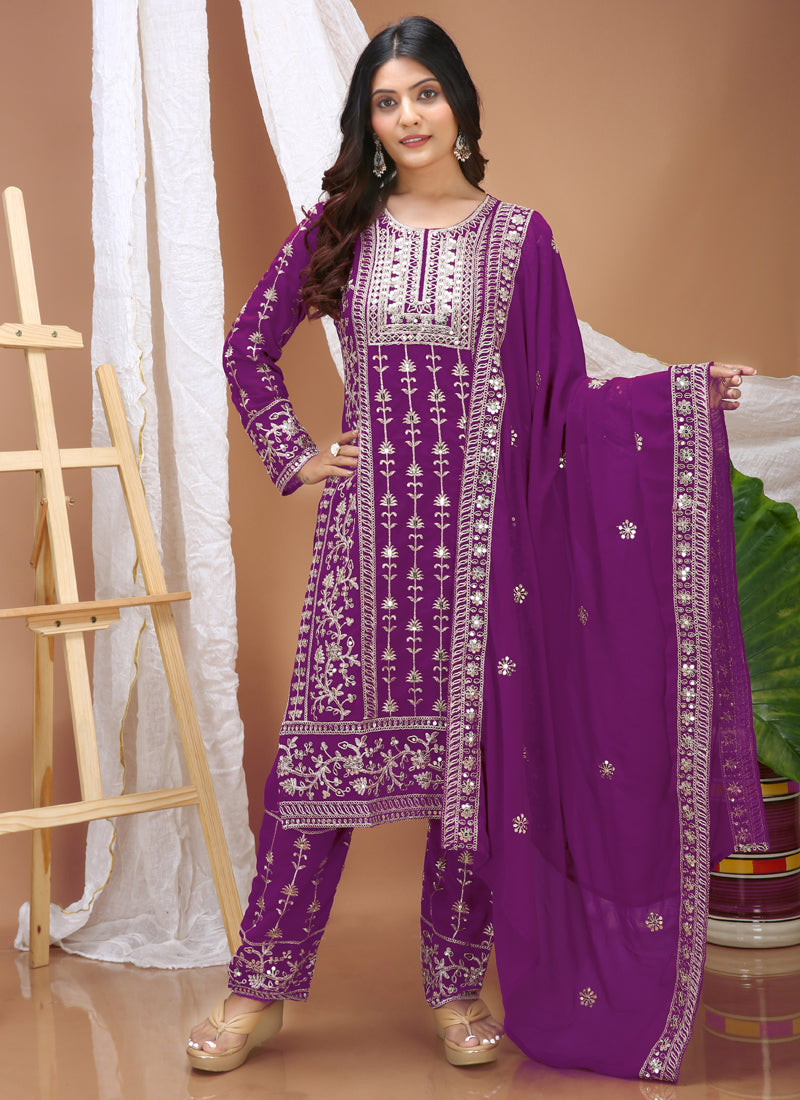 Violet Georgette Salwar Suit with Sequin and Thread Embroidery