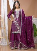 Violet Chinon Silk sharara suit with sequin embroidery and 38-inch kurta