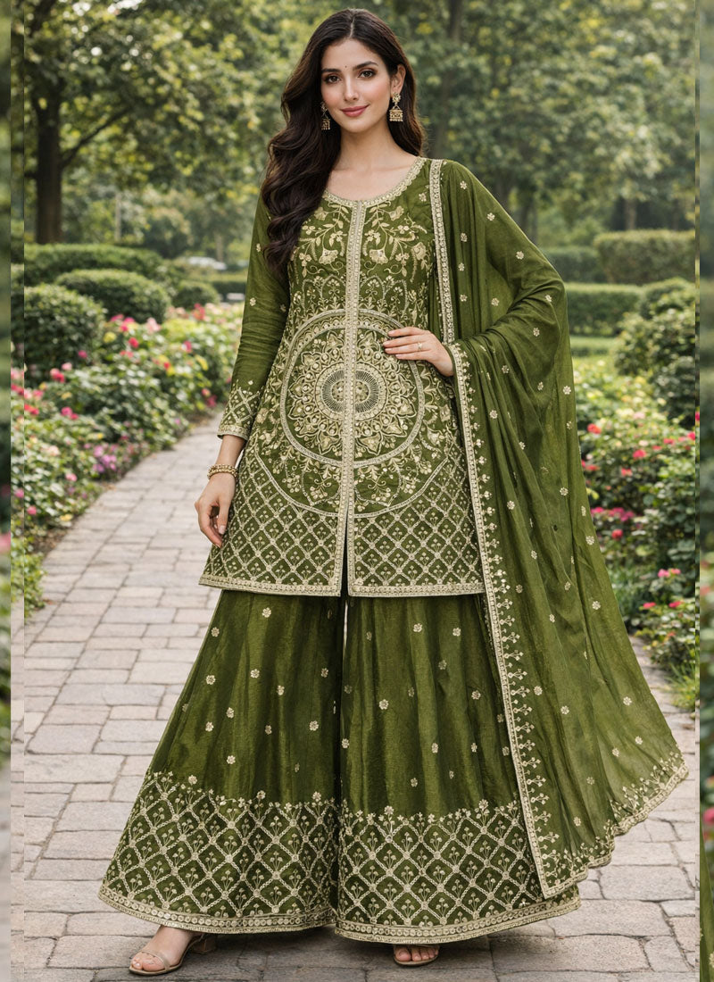 Mehendi Chinon Silk Sequin Embroidered Sharara Suit