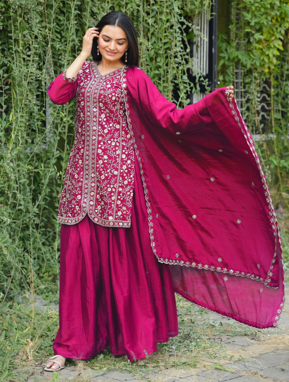 Pink Chinon Silk Sequence Embroidered Sharara Suit Set
