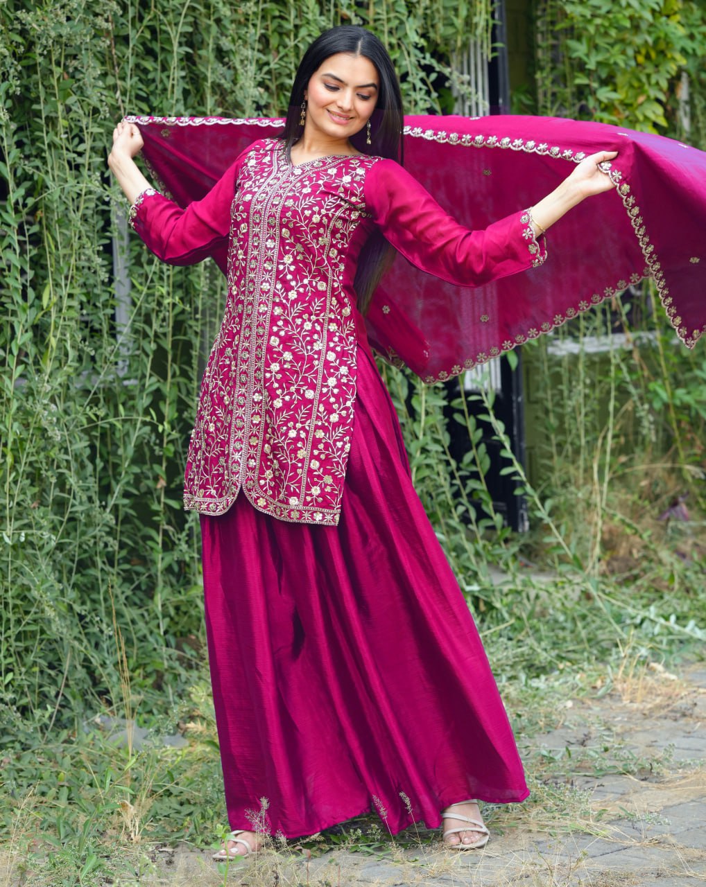 Pink Chinon Silk Sequence Embroidered Sharara Suit Set