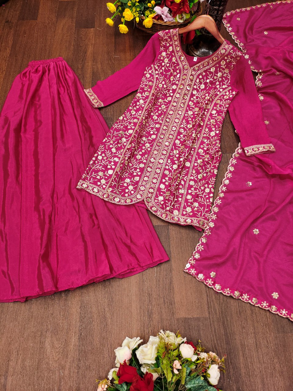 Pink Chinon Silk Sequence Embroidered Sharara Suit Set