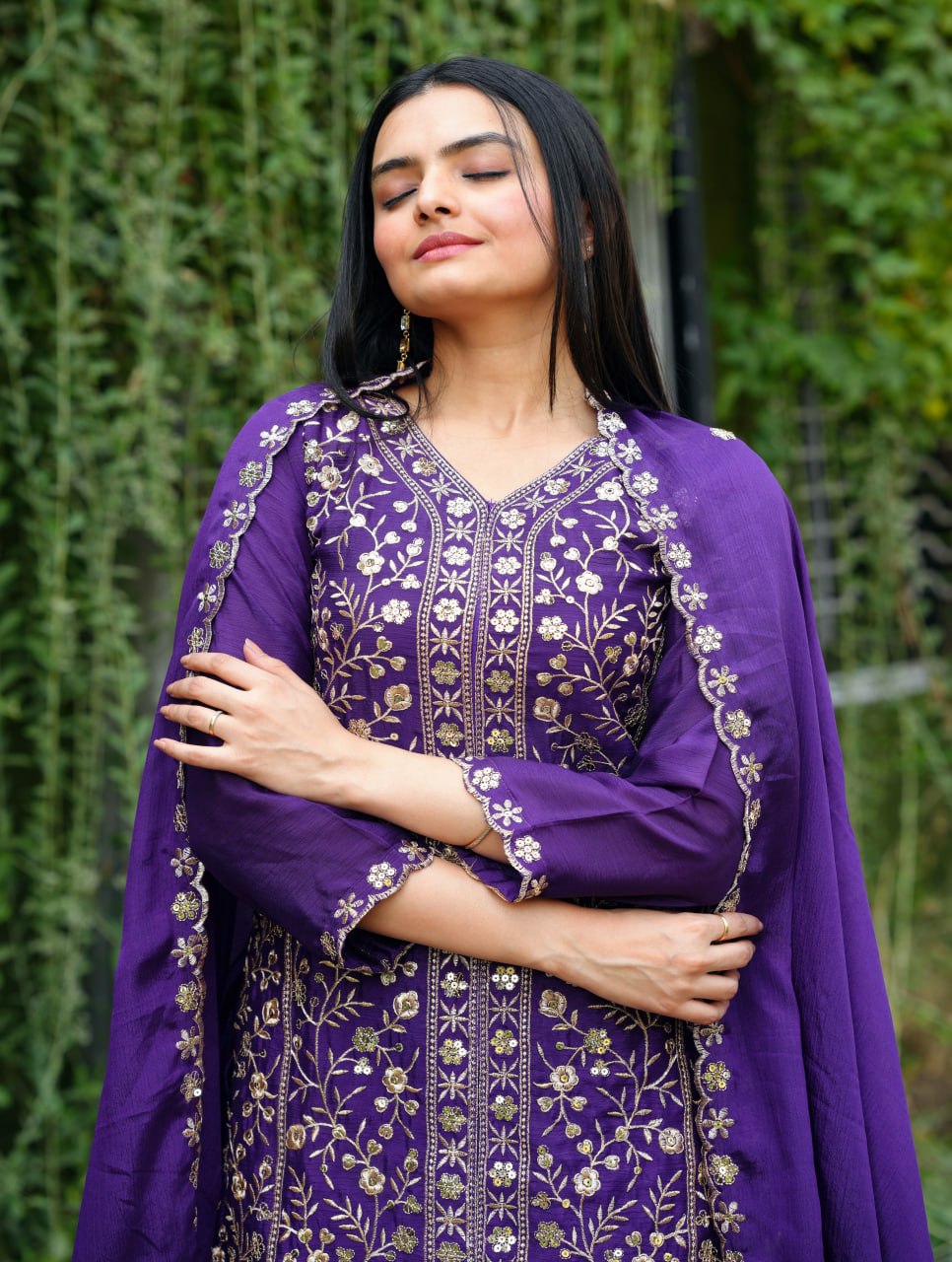 Violet Chinon Silk Sequence Embroidered Sharara Suit Set