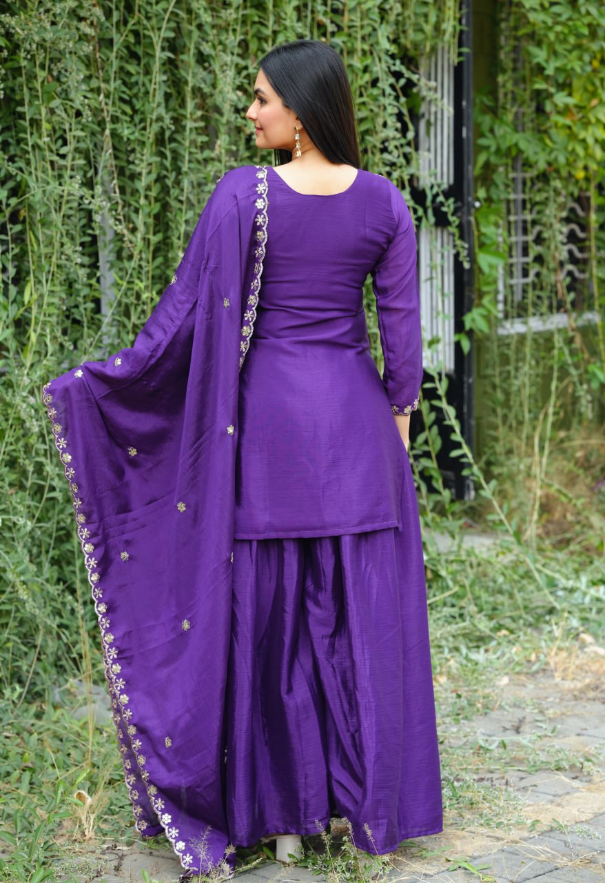 Violet Chinon Silk Sequence Embroidered Sharara Suit Set