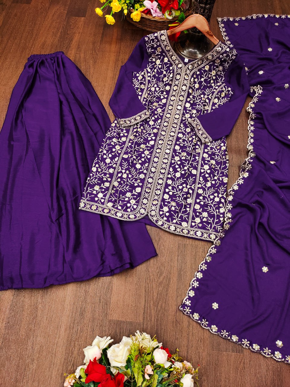 Violet Chinon Silk Sequence Embroidered Sharara Suit Set