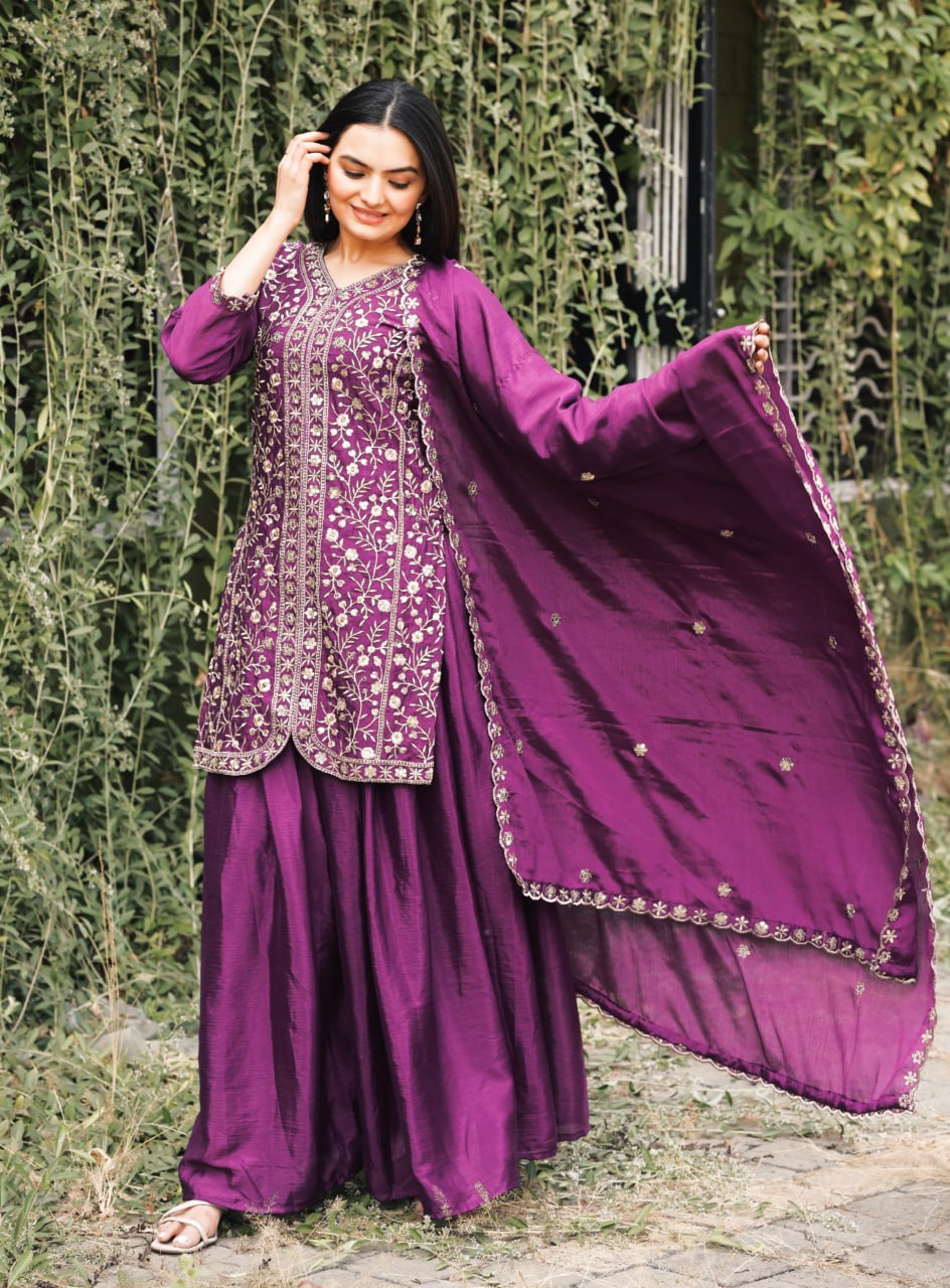 Wine Chinon Silk Sharara Suit with Sequence Embroidery
