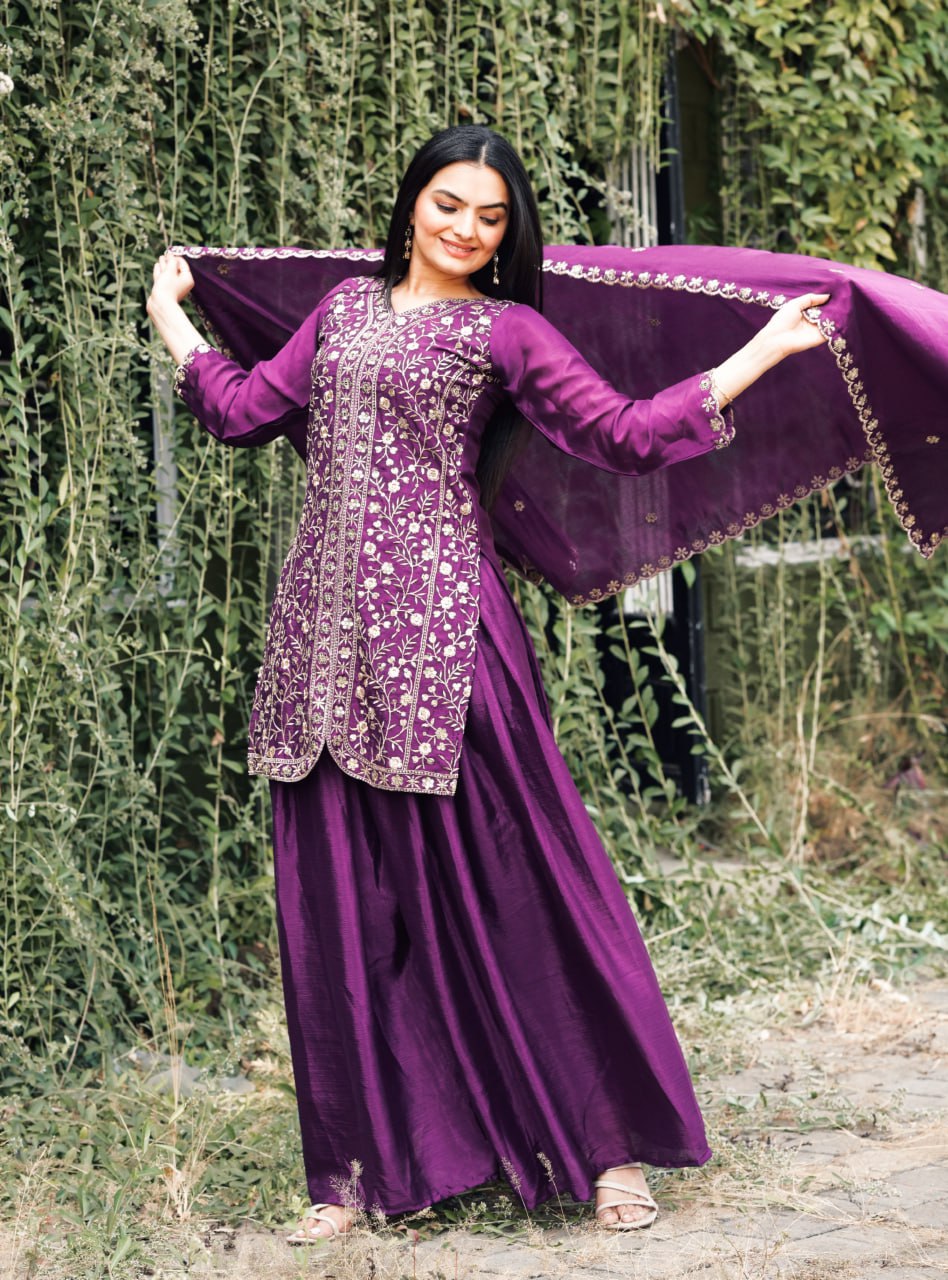 Wine Chinon Silk Sharara Suit with Sequence Embroidery