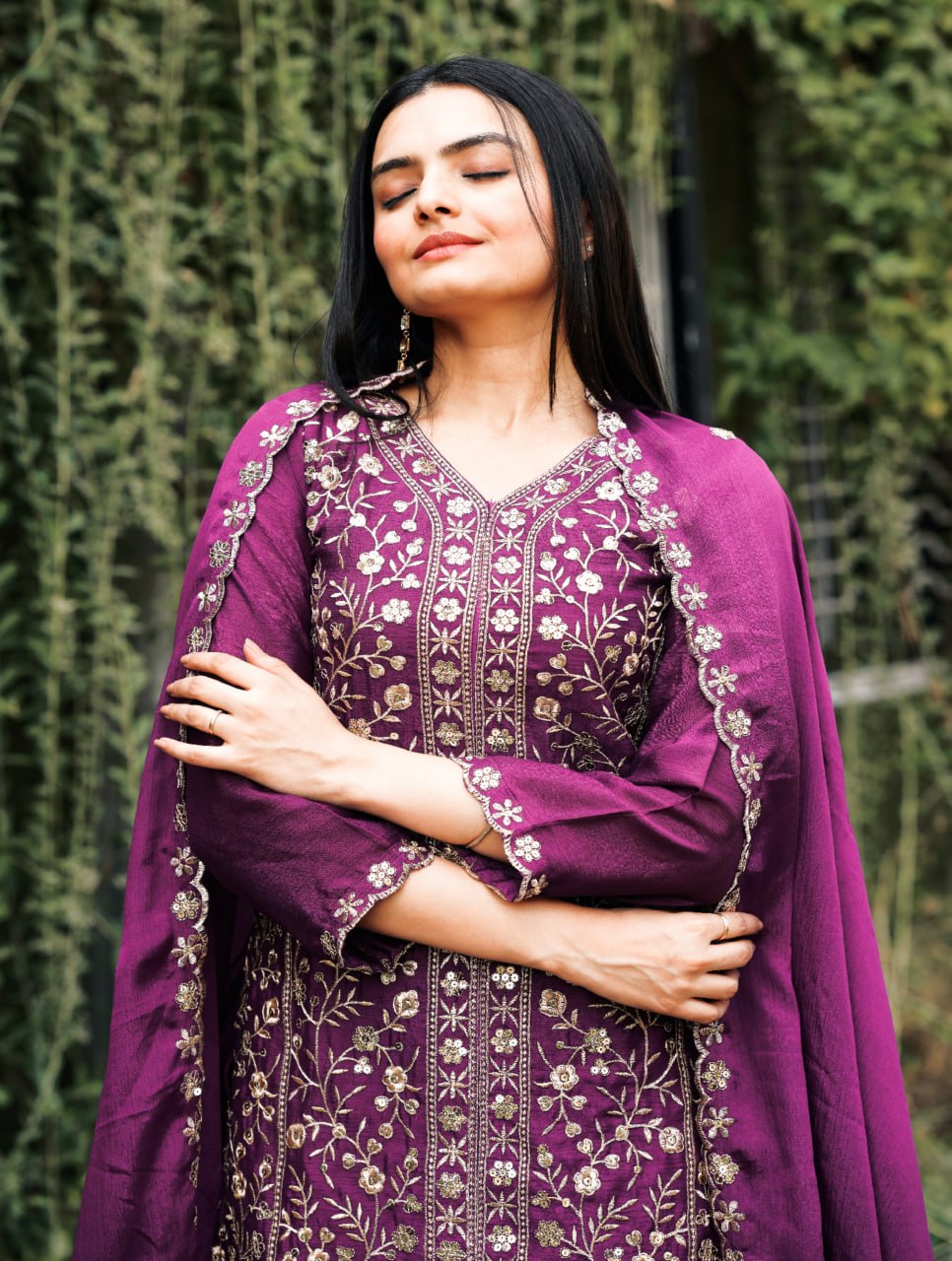 Wine Chinon Silk Sharara Suit with Sequence Embroidery