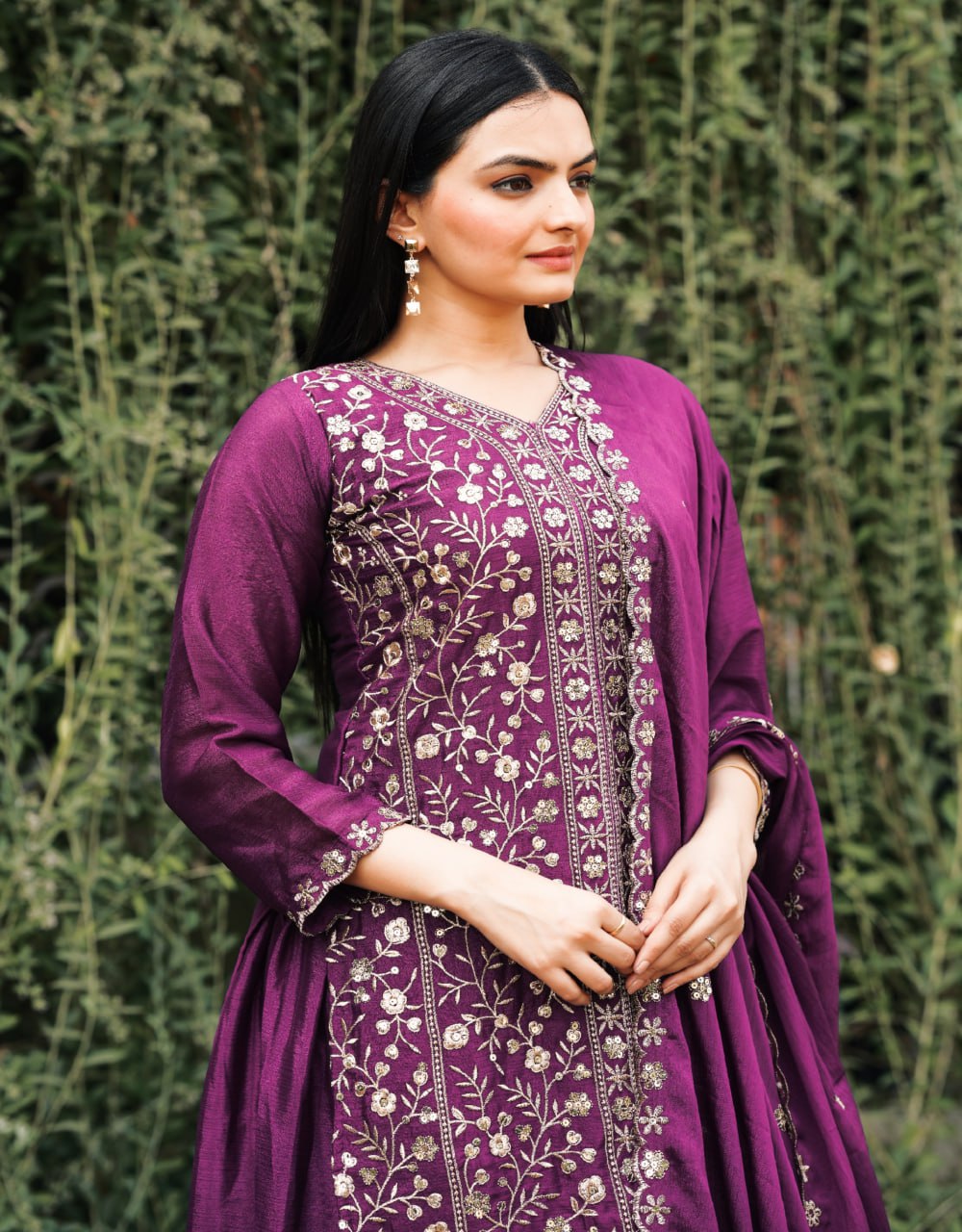 Wine Chinon Silk Sharara Suit with Sequence Embroidery