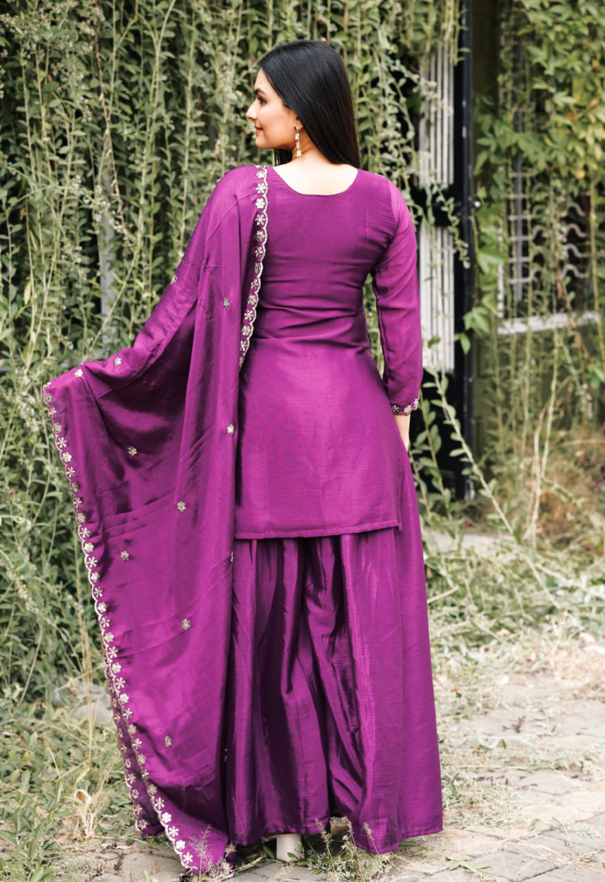 Wine Chinon Silk Sharara Suit with Sequence Embroidery