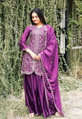 Wine colored Chinon silk sharara suit with sequence embroidery and elegant silhouette