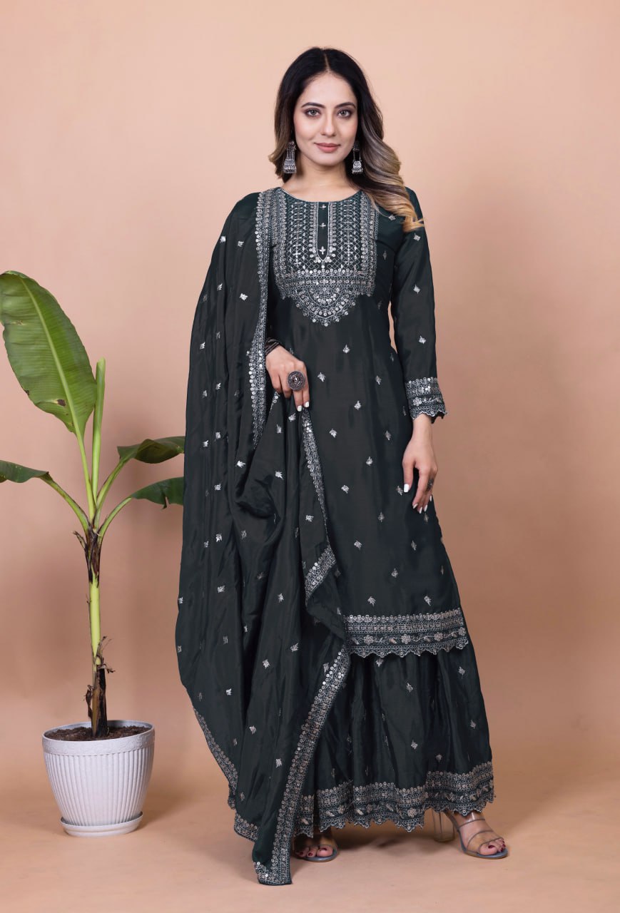 Black Chinon Silk Sequence Embroidered Sharara Suit Set