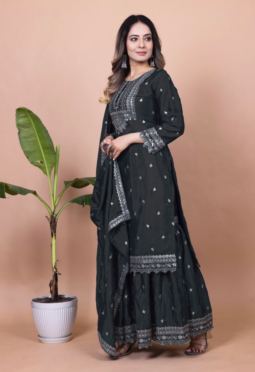 Black Chinon Silk Sequence Embroidered Sharara Suit Set