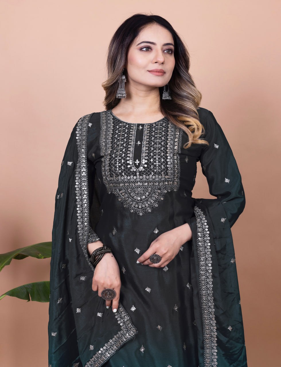 Black Chinon Silk Sequence Embroidered Sharara Suit Set