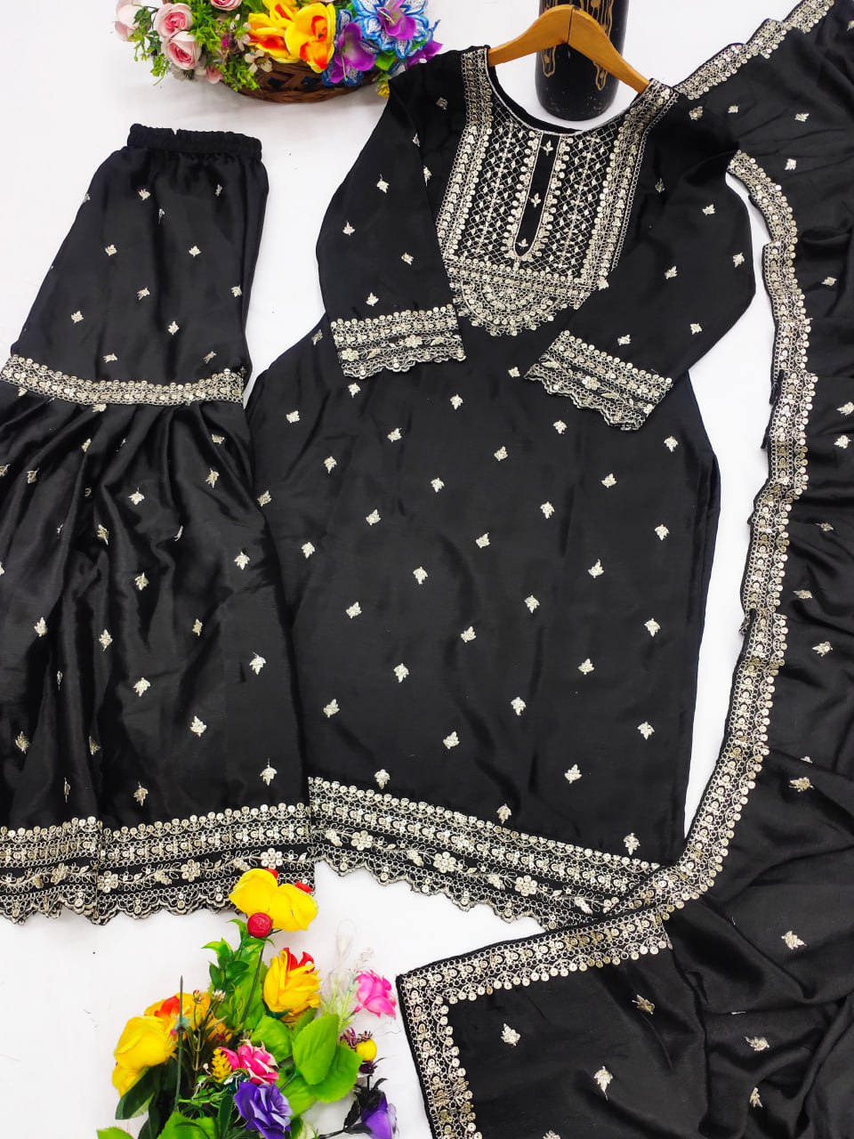 Black Chinon Silk Sequence Embroidered Sharara Suit Set