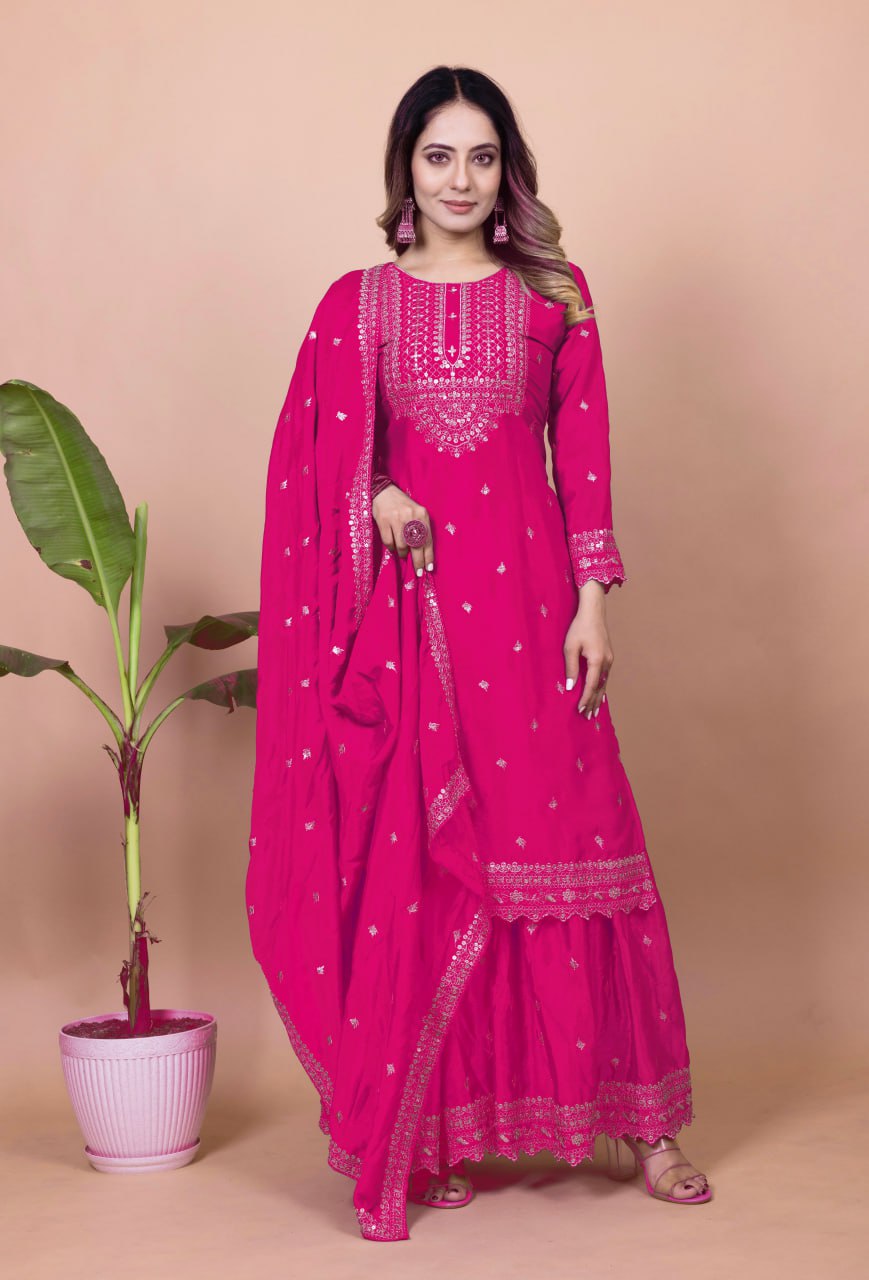 Pink Chinon Silk Embroidered Sharara Suit with Sequence Work