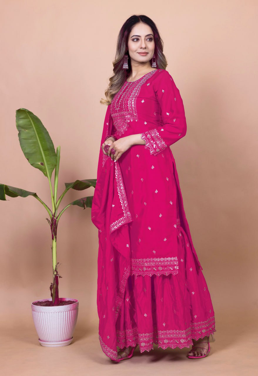 Pink Chinon Silk Embroidered Sharara Suit with Sequence Work