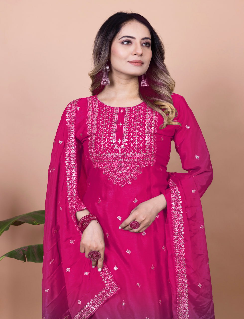 Pink Chinon Silk Embroidered Sharara Suit with Sequence Work