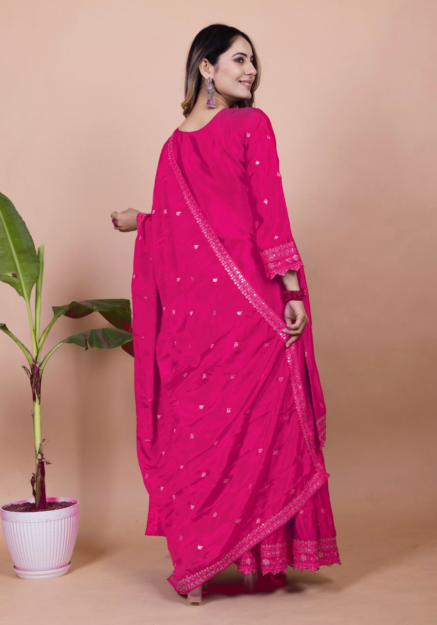 Pink Chinon Silk Embroidered Sharara Suit with Sequence Work