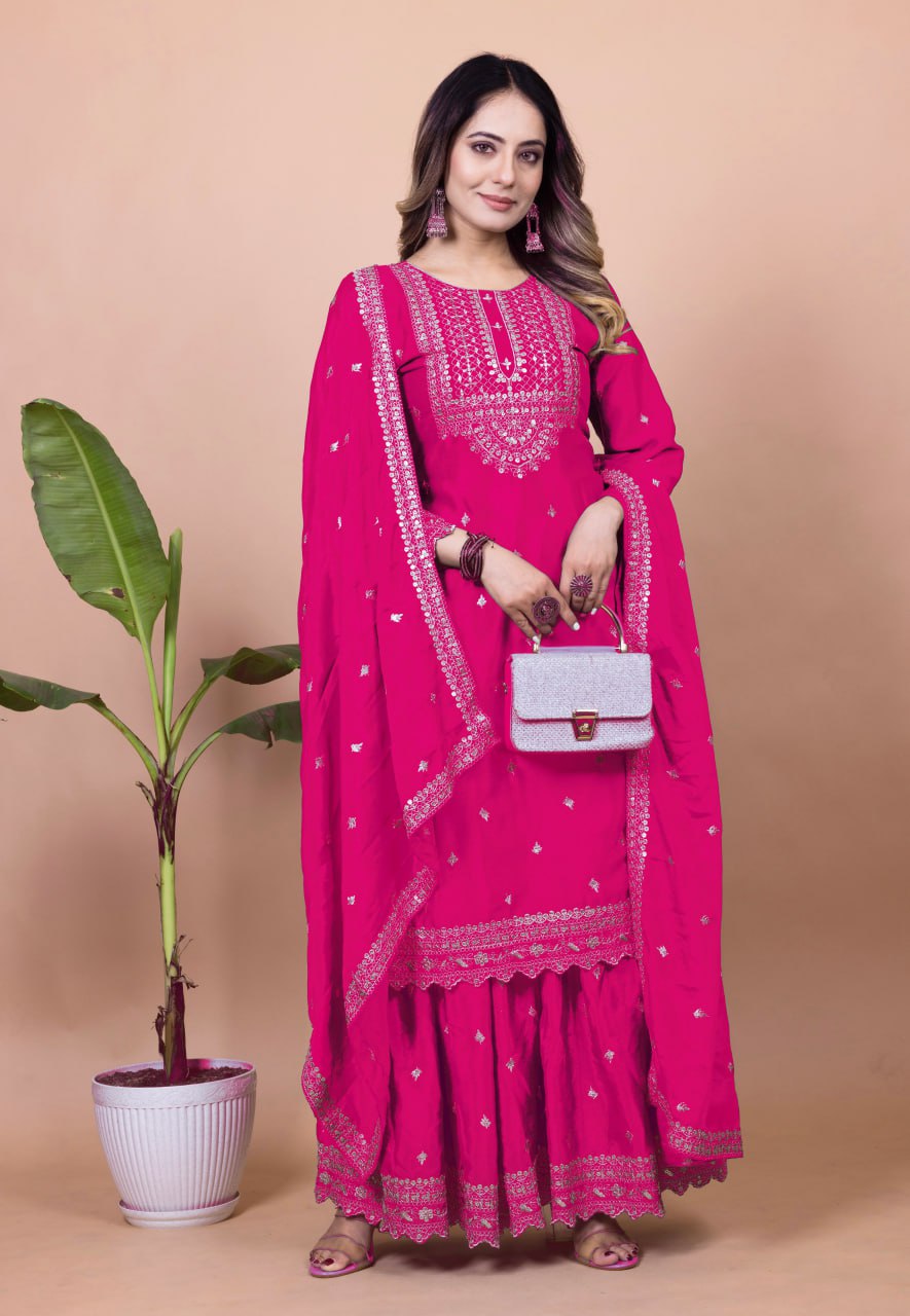 Elegant pink Chinon silk sharara suit with intricate sequence embroidery work