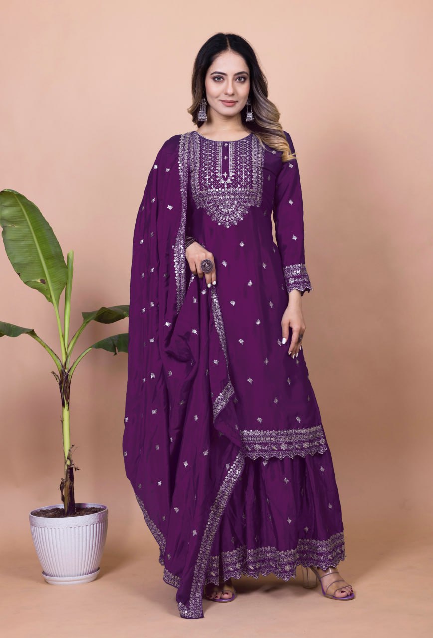 Purple Chinon Silk Sequence Embroidered Sharara Suit Set