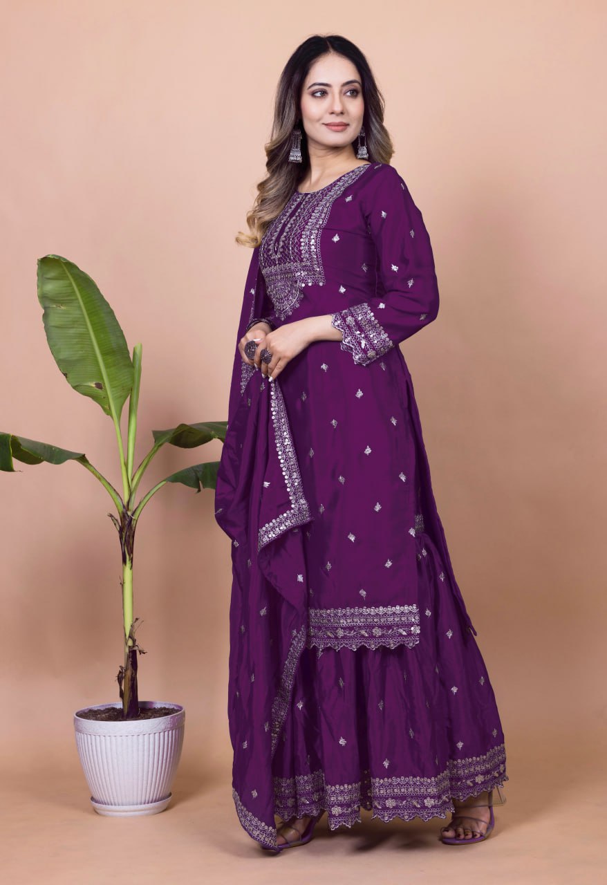 Purple Chinon Silk Sequence Embroidered Sharara Suit Set