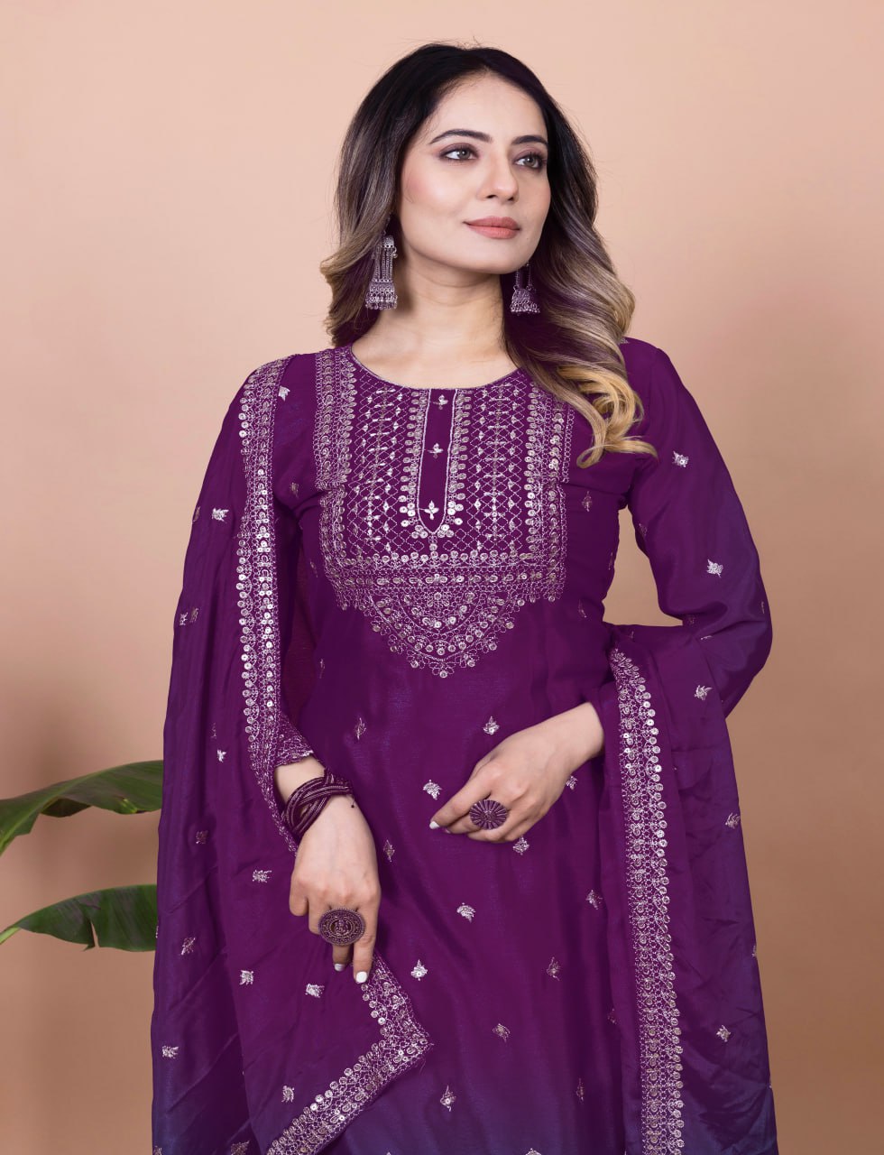 Purple Chinon Silk Sequence Embroidered Sharara Suit Set