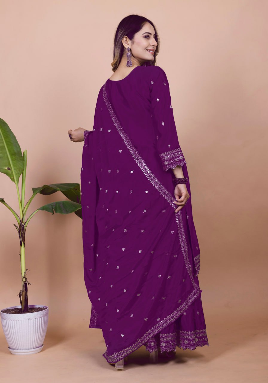 Purple Chinon Silk Sequence Embroidered Sharara Suit Set