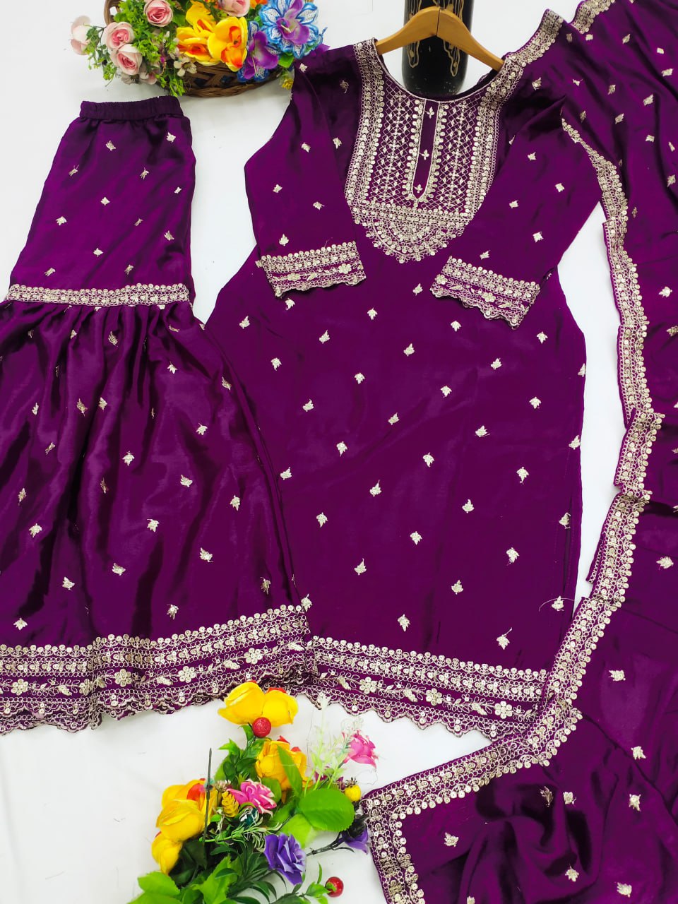Purple Chinon Silk Sequence Embroidered Sharara Suit Set