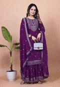 Purple Chinon silk sharara suit featuring intricate sequence embroidery