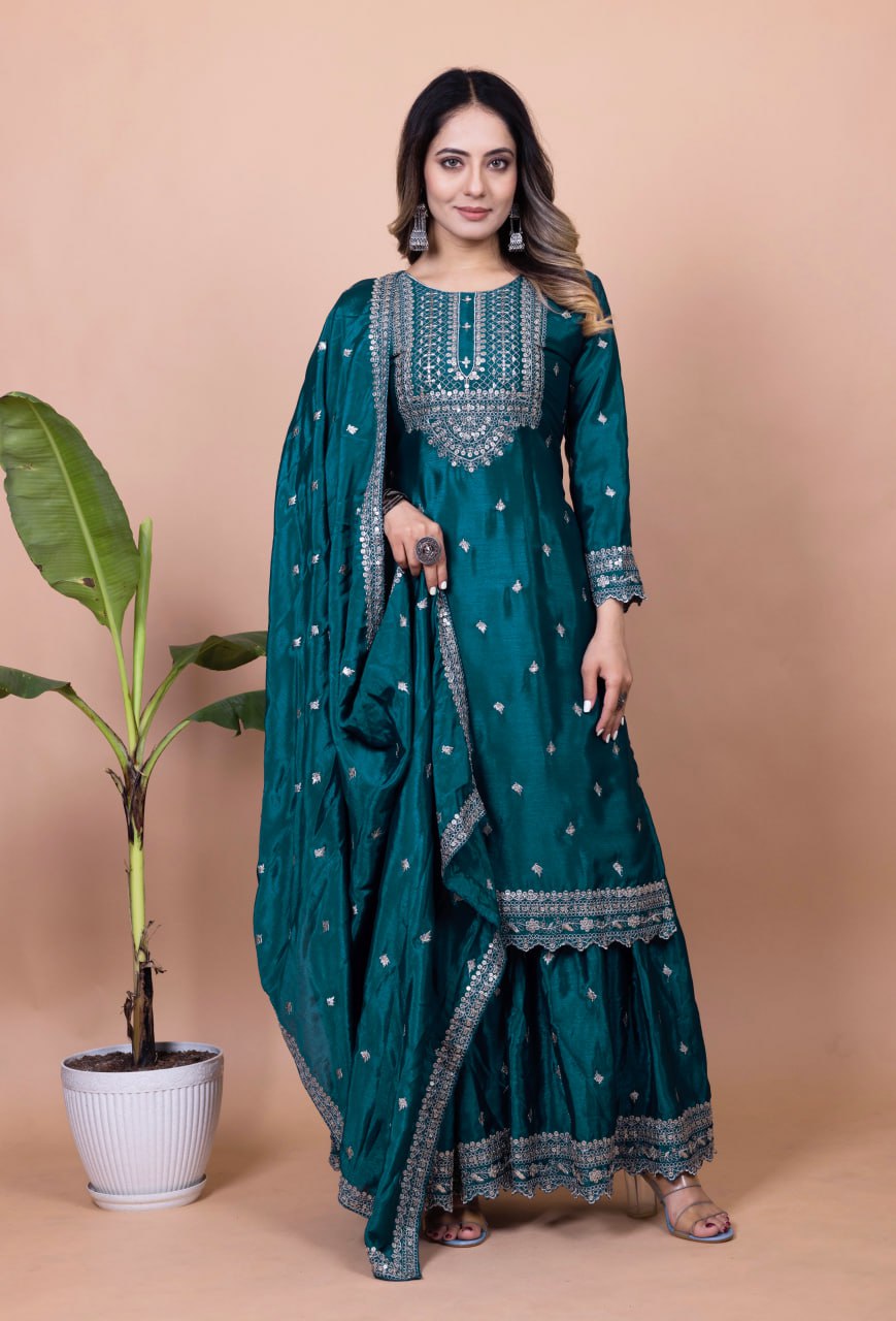 Prazu Fashion Rama Chinon Silk Sequence Embroidered Sharara Suit