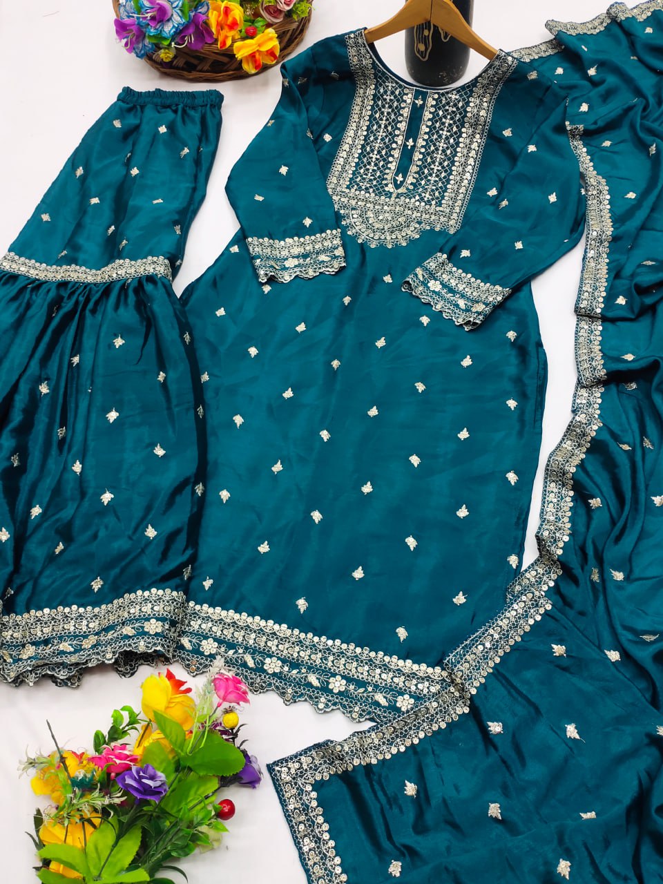 Prazu Fashion Rama Chinon Silk Sequence Embroidered Sharara Suit