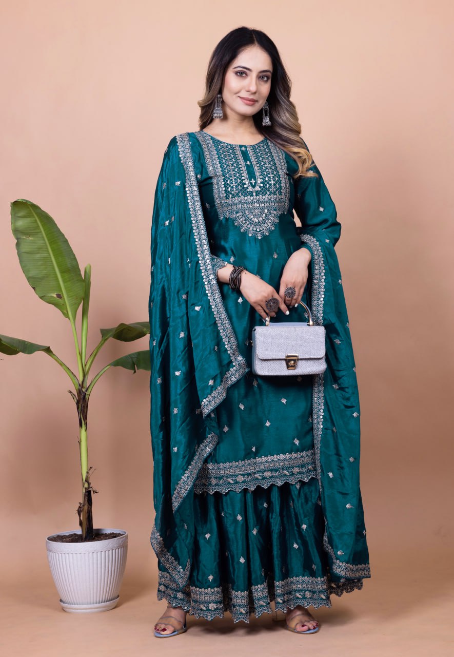 Prazu Fashion Rama Chinon Silk Sequence Embroidered Sharara Suit