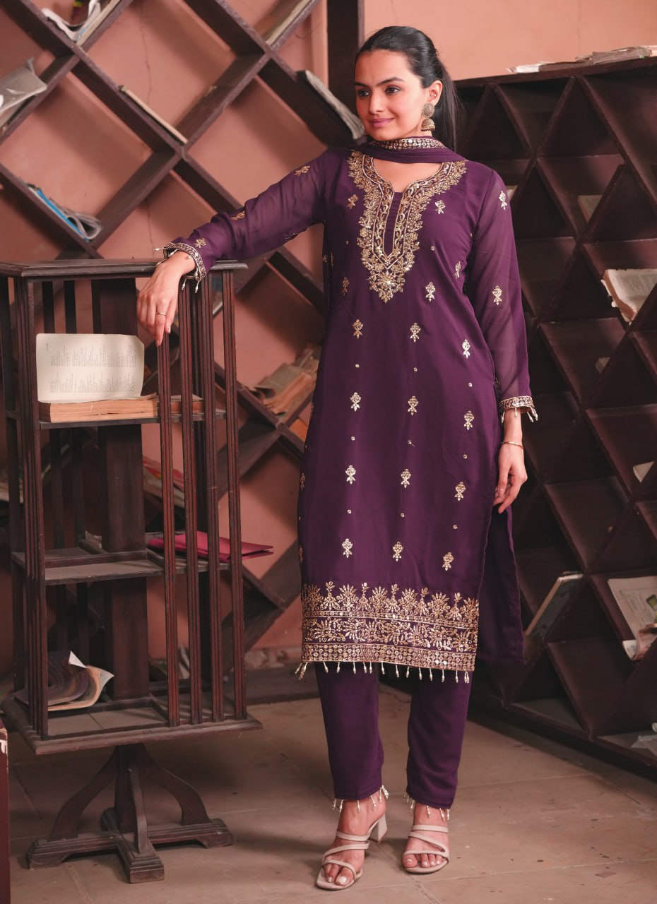 Dark Purple Fox Georgette Salwar Suit with Sequence Work