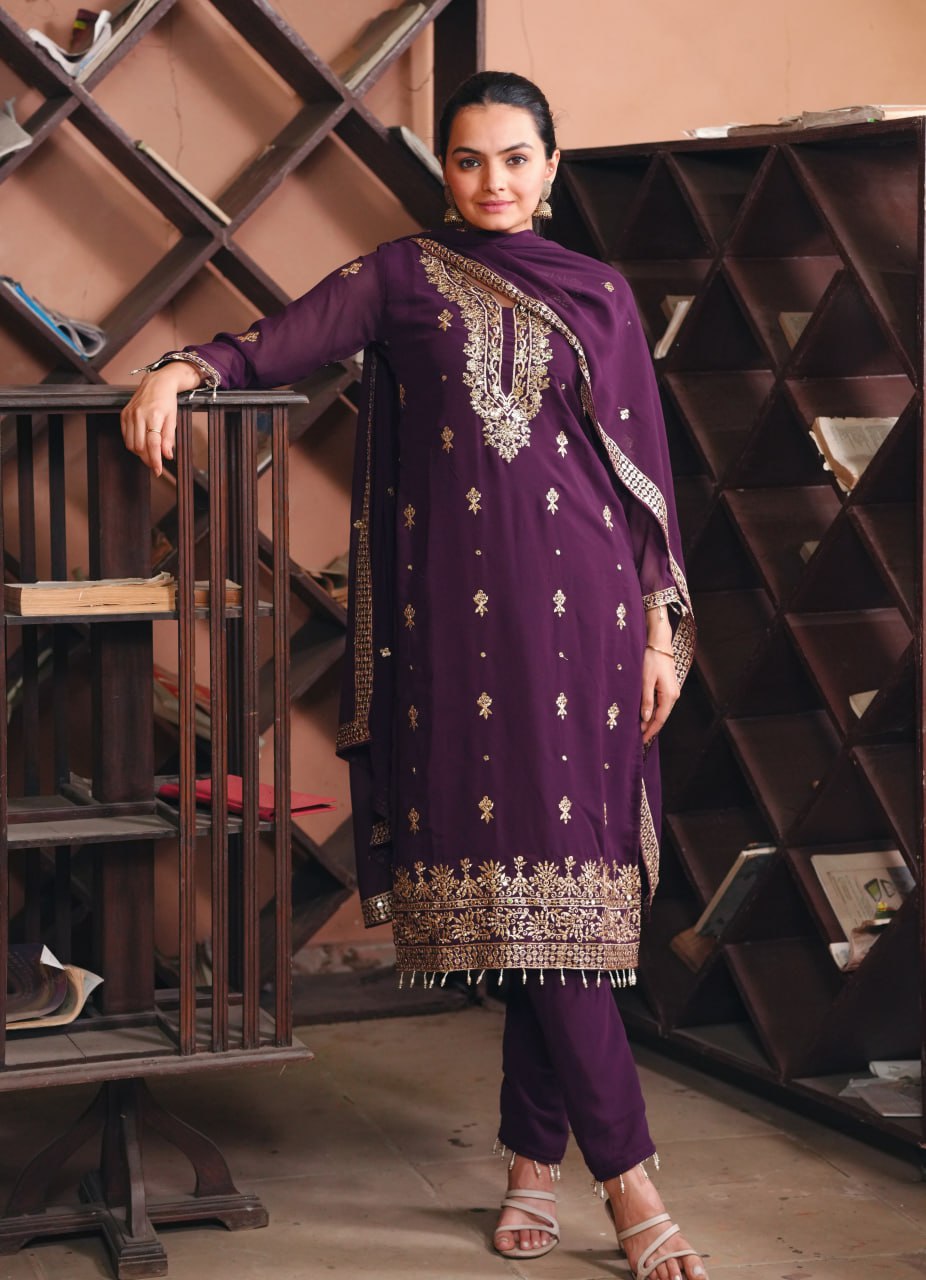 Dark Purple Fox Georgette Salwar Suit with Sequence Work